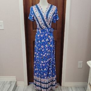 Elegant Floral Wrap Maxi Dress - Blue and Pink